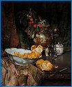 Oranges épluchées dans une coupe en faënce, brache de cerises, vase du Japon, deux verres et draperie