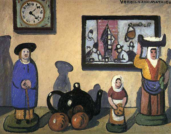 Nature morte à la pendule, au tableau, à la théière, aux fruits et aux santons